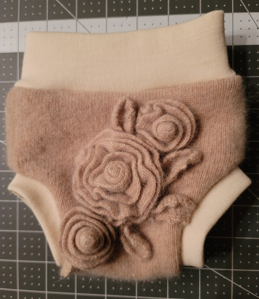 Tan Flower Newborn Wool Diaper Cover